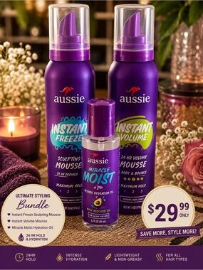 Aussie Instant Volume & Freeze Mousse + Miracle Moist Oil - Purple Set